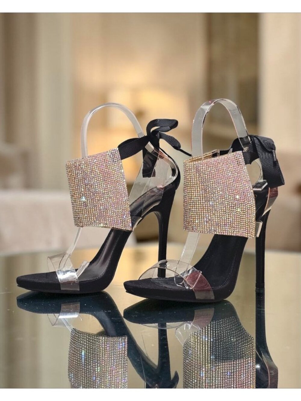 Black High Heel Sandals With Rhinestone Embellished Panels Clear Straps & Ribbon